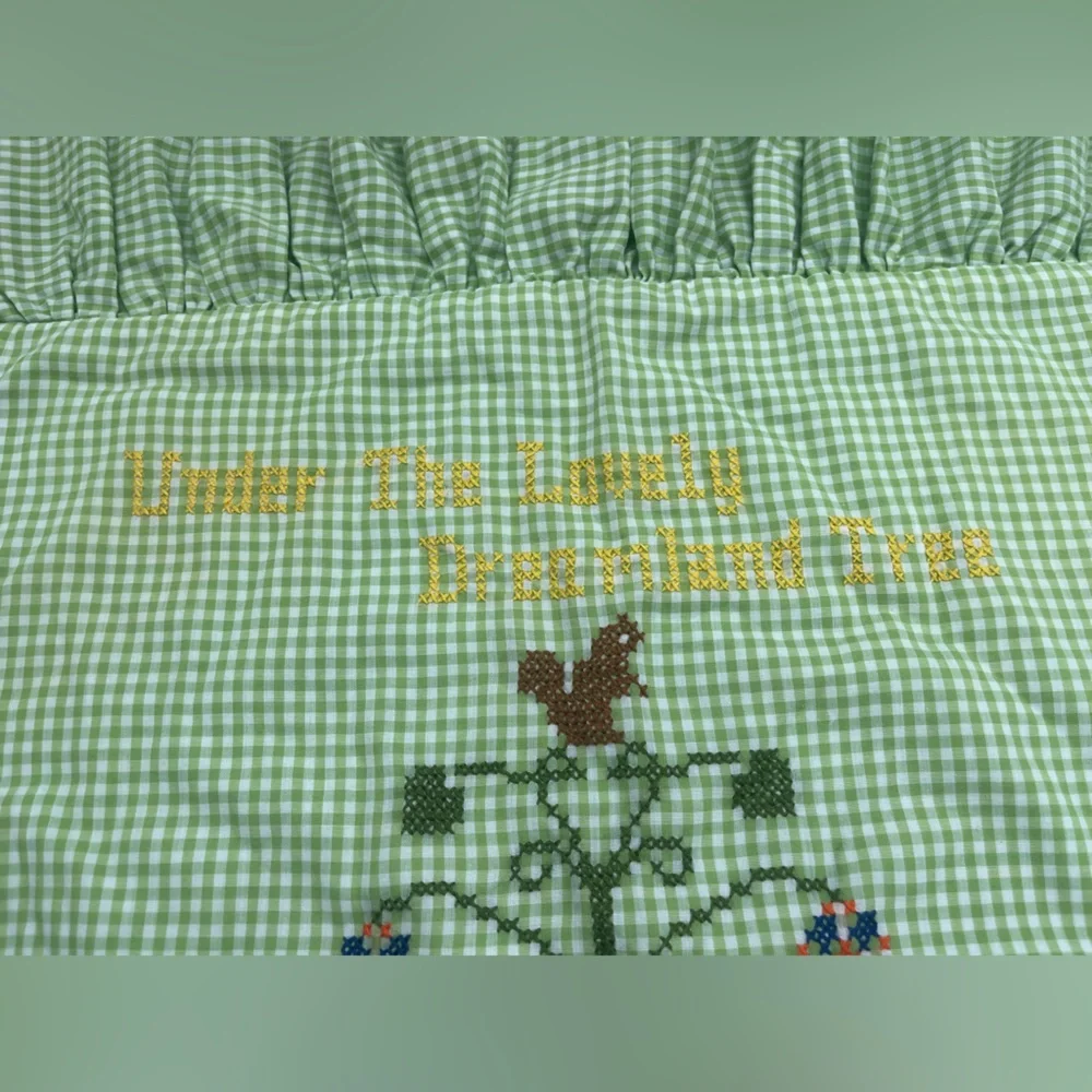 Vtg Handmade Baby Crib Quilt Green Gingham Cross Stitch Ruffle Blanket Woodland